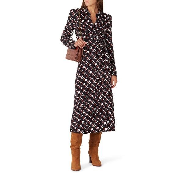 Diane von Furstenberg Sana Black Geometric Print Long Sleeve Midi Dress Size S